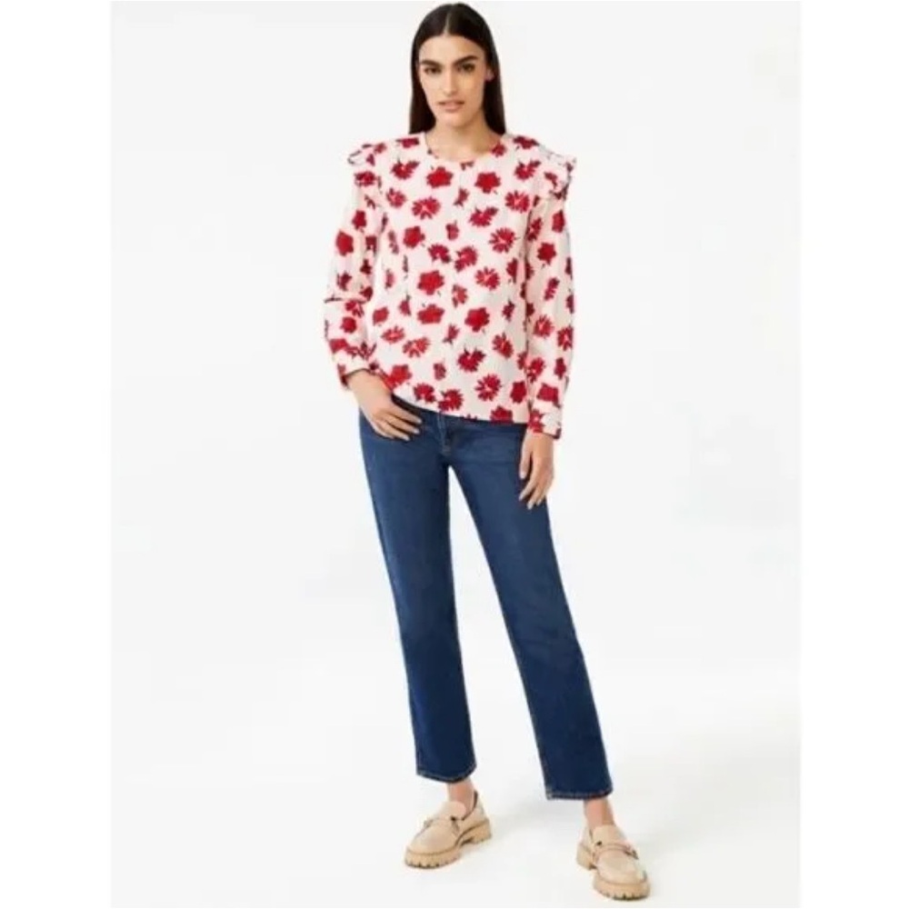 Free Assembly Floral Button Shoulder Ruffle Long Sleeve Women's Top Size Medium